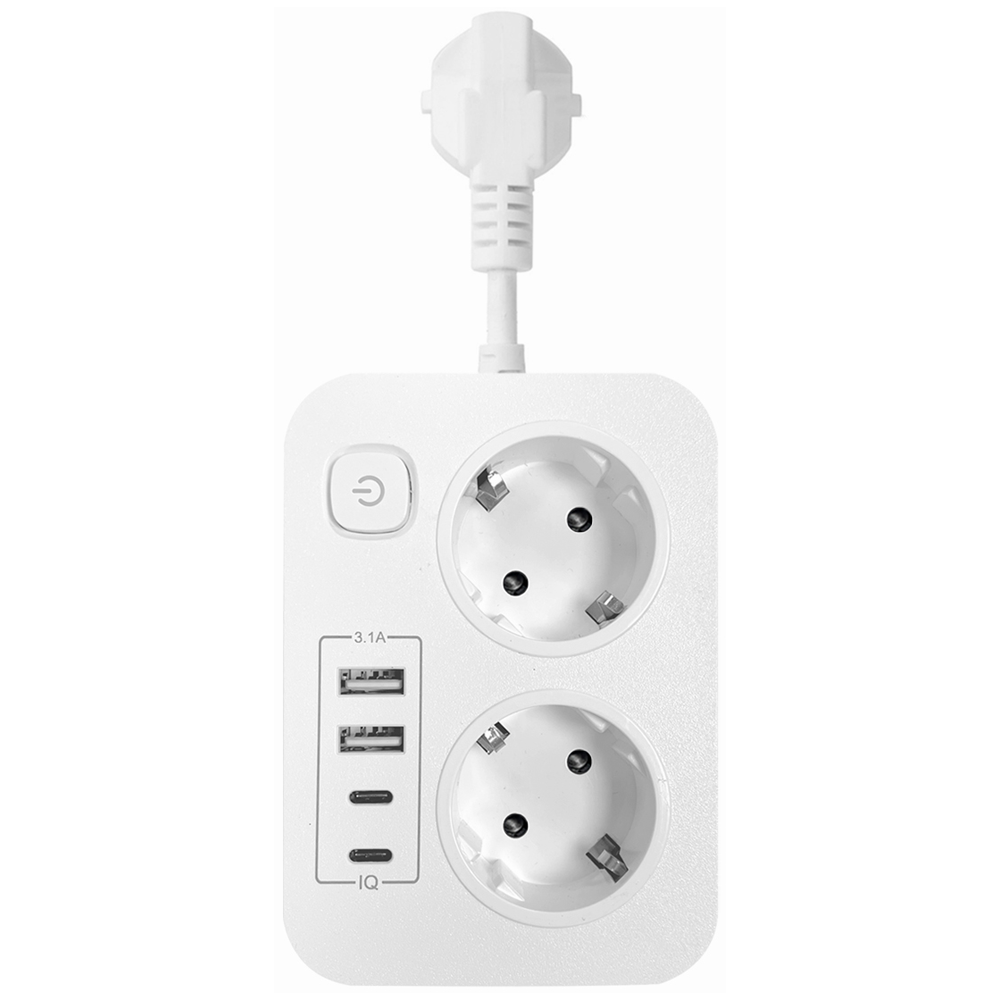 Удължител No brand, 2 гнезда, 250V, 10A, 2 x USB F, 2 x USB-C, С ключ, Бял - 17963