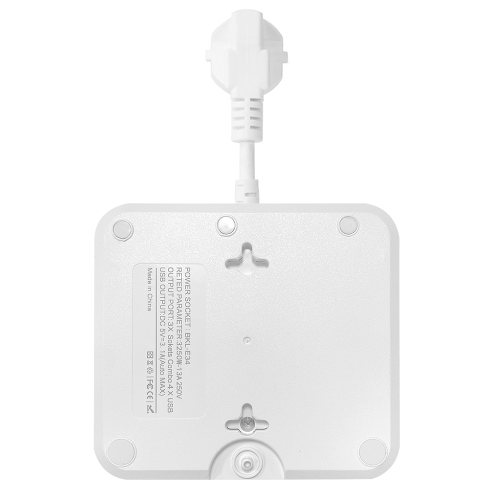 Удължител No brand, 3 гнезда, 250V, 10A, Кабел, 1.8м., 2 x USB-F, 2 x USB-C, С ключ, Бял - 17964