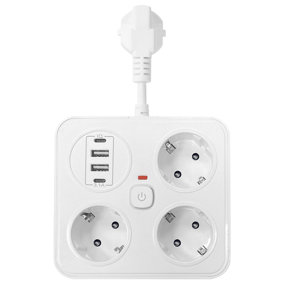 Удължител No brand, 3 гнезда, 250V, 10A, Кабел, 1.8м., 2 x USB-F, 2 x USB-C, С ключ, Бял - 17964