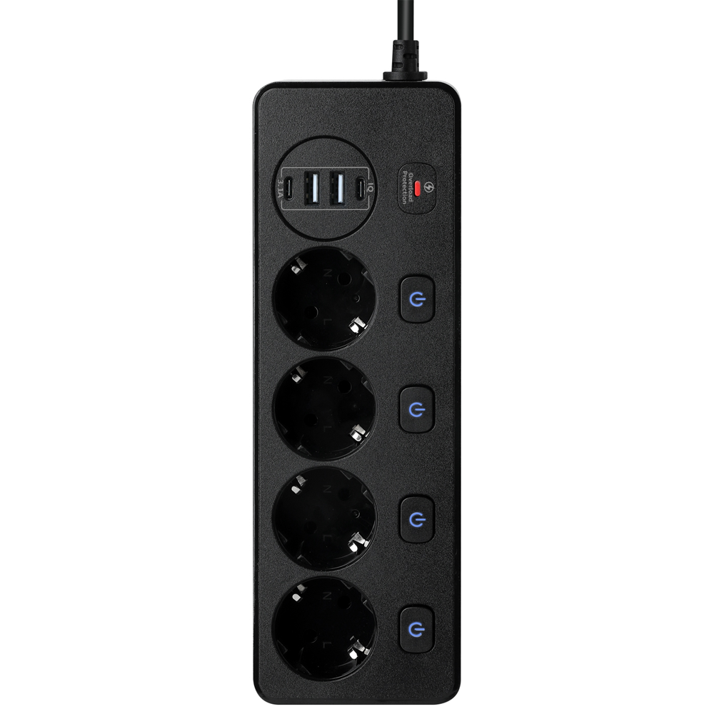 Удължител No brand, 4 гнезда, 250V, 10A, Кабел, 1.8м., 2 x USB-F, 2 x USB-C, С ключ, Бял - 17965