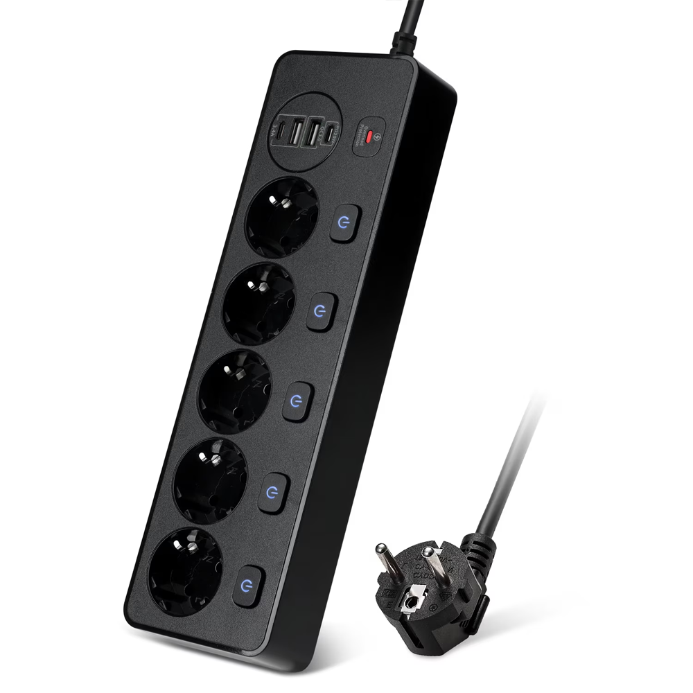 Удължител No brand, 5 гнезда, 250V, 10A, Кабел, 1.8м., 2 x USB-F, 2 x USB-C, С ключ, Бял - 17966