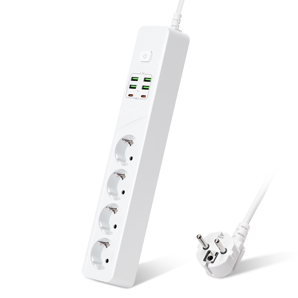 Удължител No brand, 4 гнезда, 250V, 10A, Кабел, 1.8м., 4 x USB-F, 2 x USB-C, С ключ, Бял - 17968
