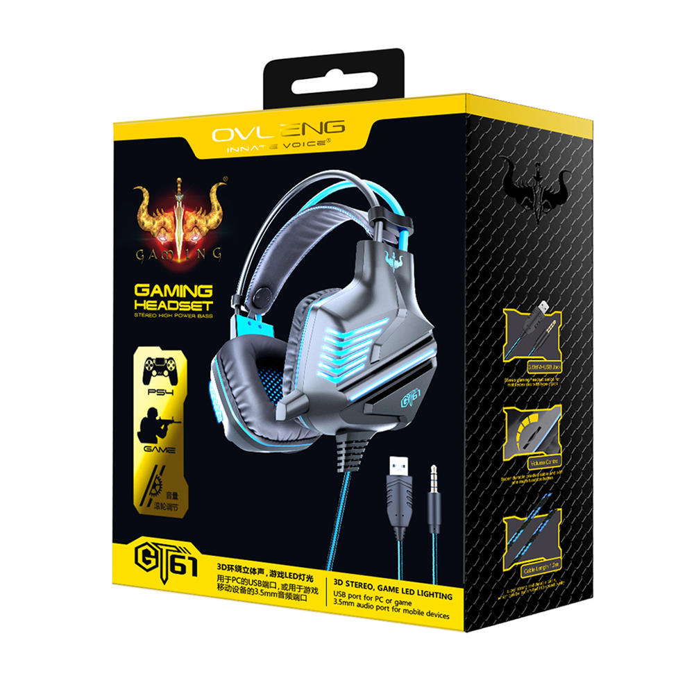 Слушалки Ovleng GT61, За компютър, Подсветка, Микрофон, USB + 3.5mm, Различни цветове - 20494