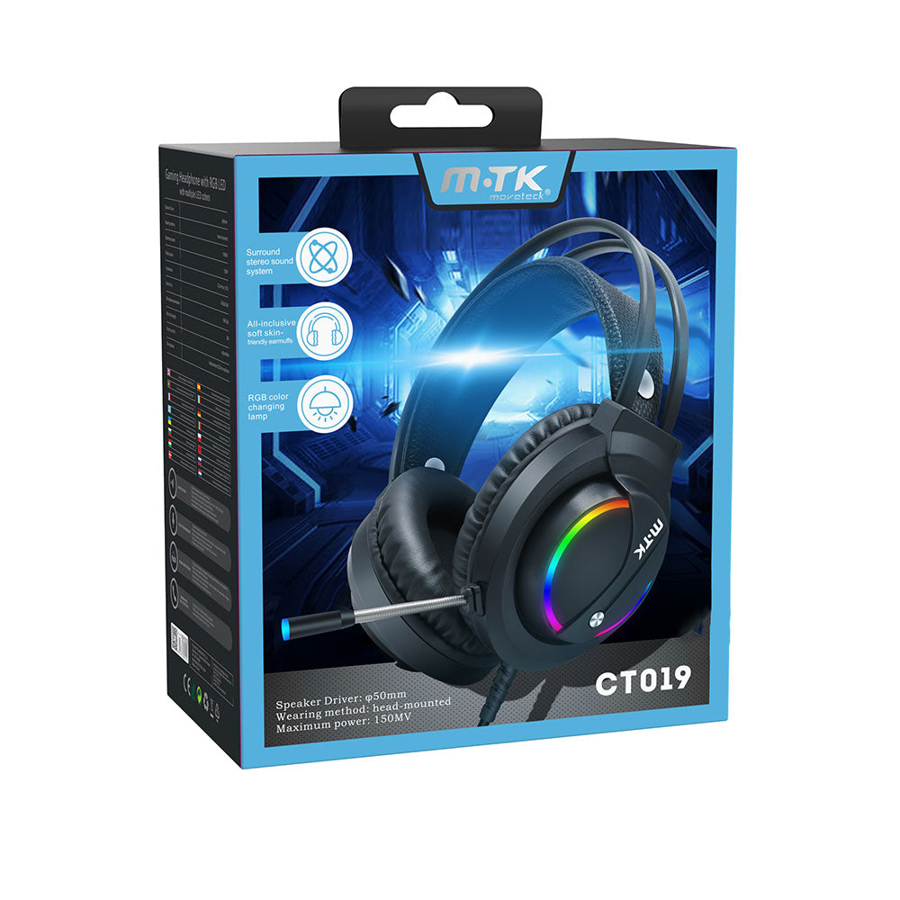 Слушалки Moveteck CT019, За компютър, Подсветка, Микрофон, USB + 3.5mm, Черен - 20516