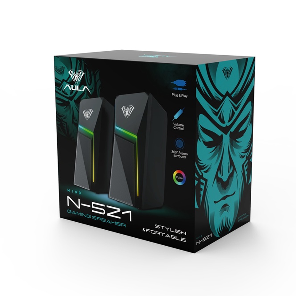Тонколони Aula N-521, 2x3W, USB, RGB, Черен - 22181