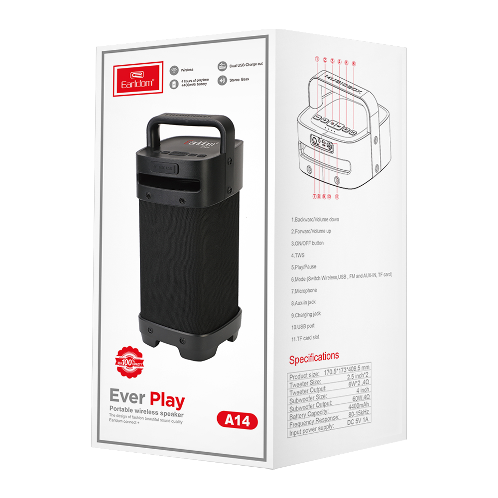 Тонколона Earldom ET-A14, Караоке, Bluetooth, USB, FM, AUX, Черен - 22202
