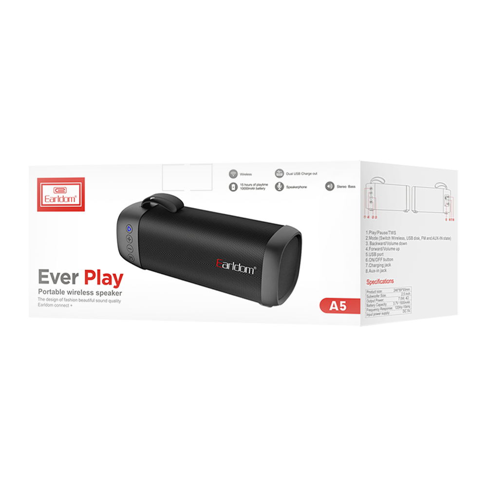 Тонколона Earldom ET-A5, Bluetooth, USB, FM, AUX, Черен - 22207