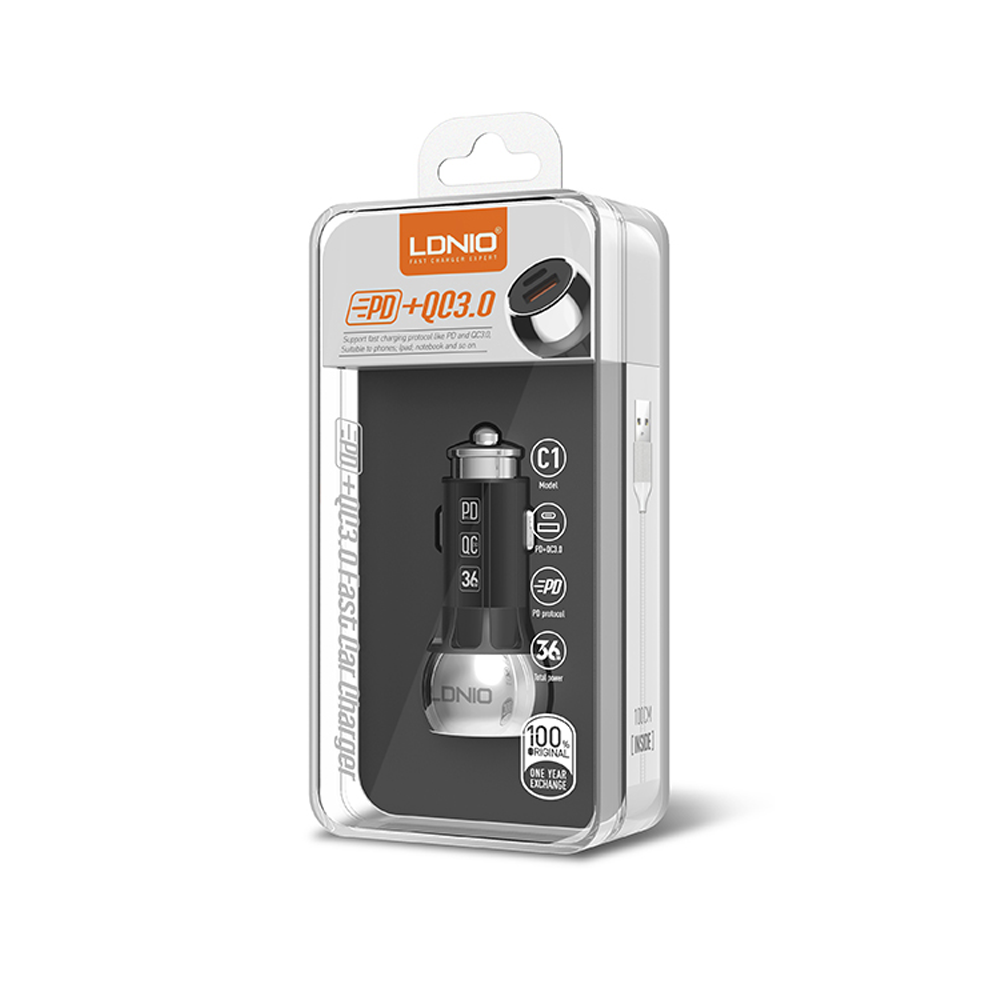 Зарядно устройство за кола LDNIO C1, 1xUSB QC3.0, 1xType-C PD, С Lightning кабел, Сив - 40077