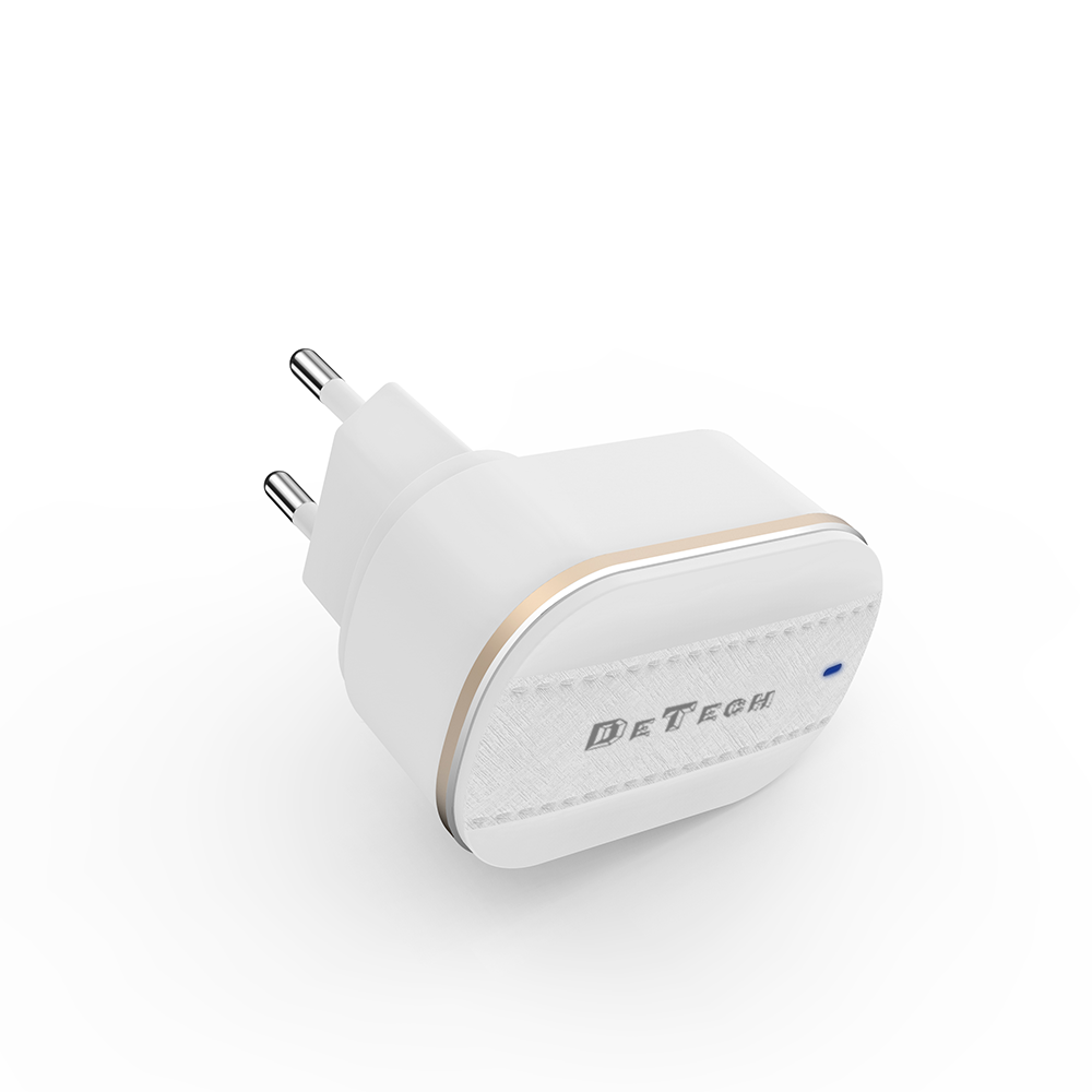 Мрежово зарядно устройство DeTech DE-15i, 5V/3.1A, 220V, 2 x USB, С Lightning кабел, 1.0m, Бял - 40097