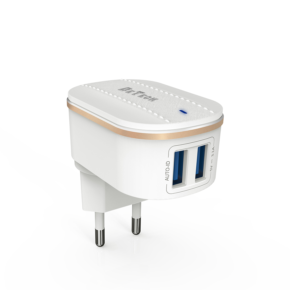 Мрежово зарядно устройство DeTech DE-15M, 5V/3.1A, 220V,2 x USB, С Micro USB кабел, 1.0m, Бял - 40096