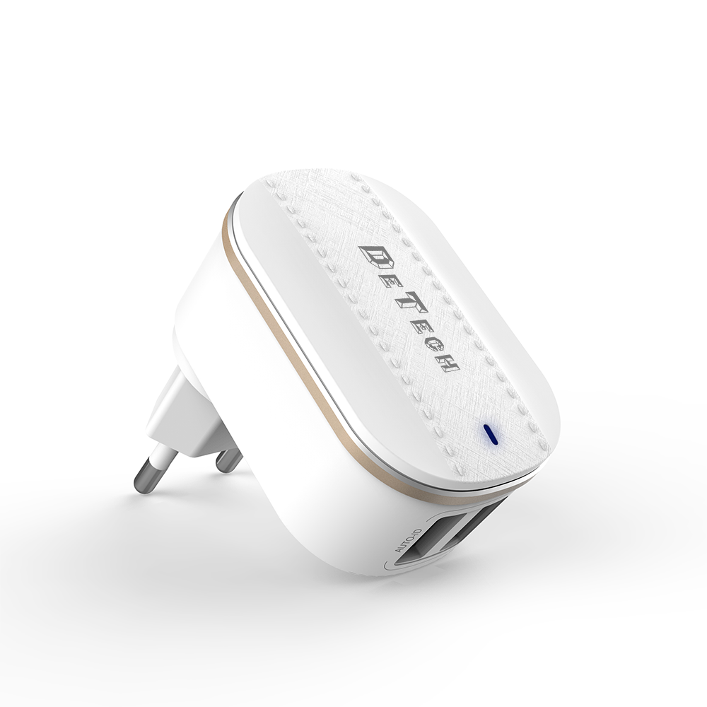 Мрежово зарядно устройство DeTech DE-15C, 5V/3.1A, 220V, 2 x USB, С Type-C кабел, 1.0m, Бял - 40098