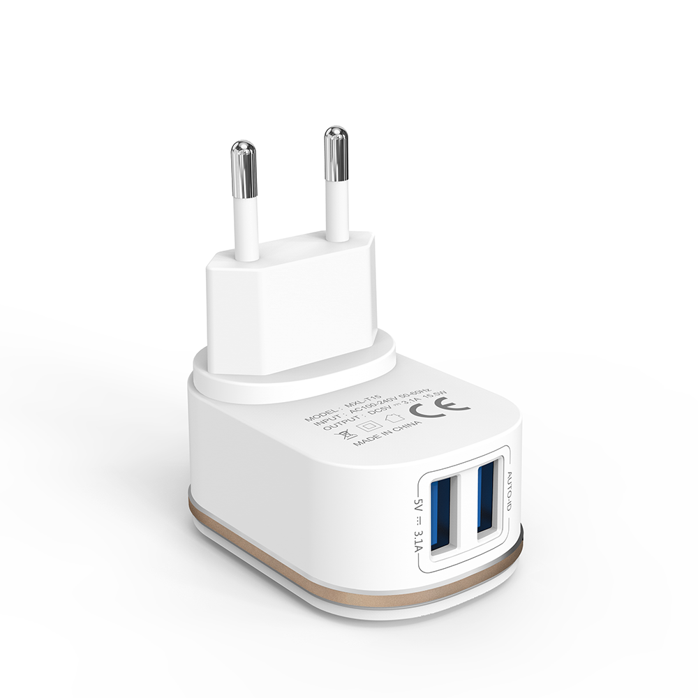 Мрежово зарядно устройство DeTech DE-15i, 5V/3.1A, 220V, 2 x USB, С Lightning кабел, 1.0m, Бял - 40097