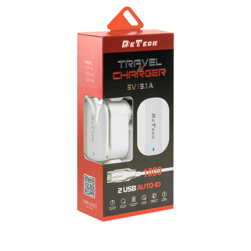 Мрежово зарядно устройство DeTech DE-15i, 5V/3.1A, 220V, 2 x USB, С Lightning кабел, 1.0m, Бял - 40097