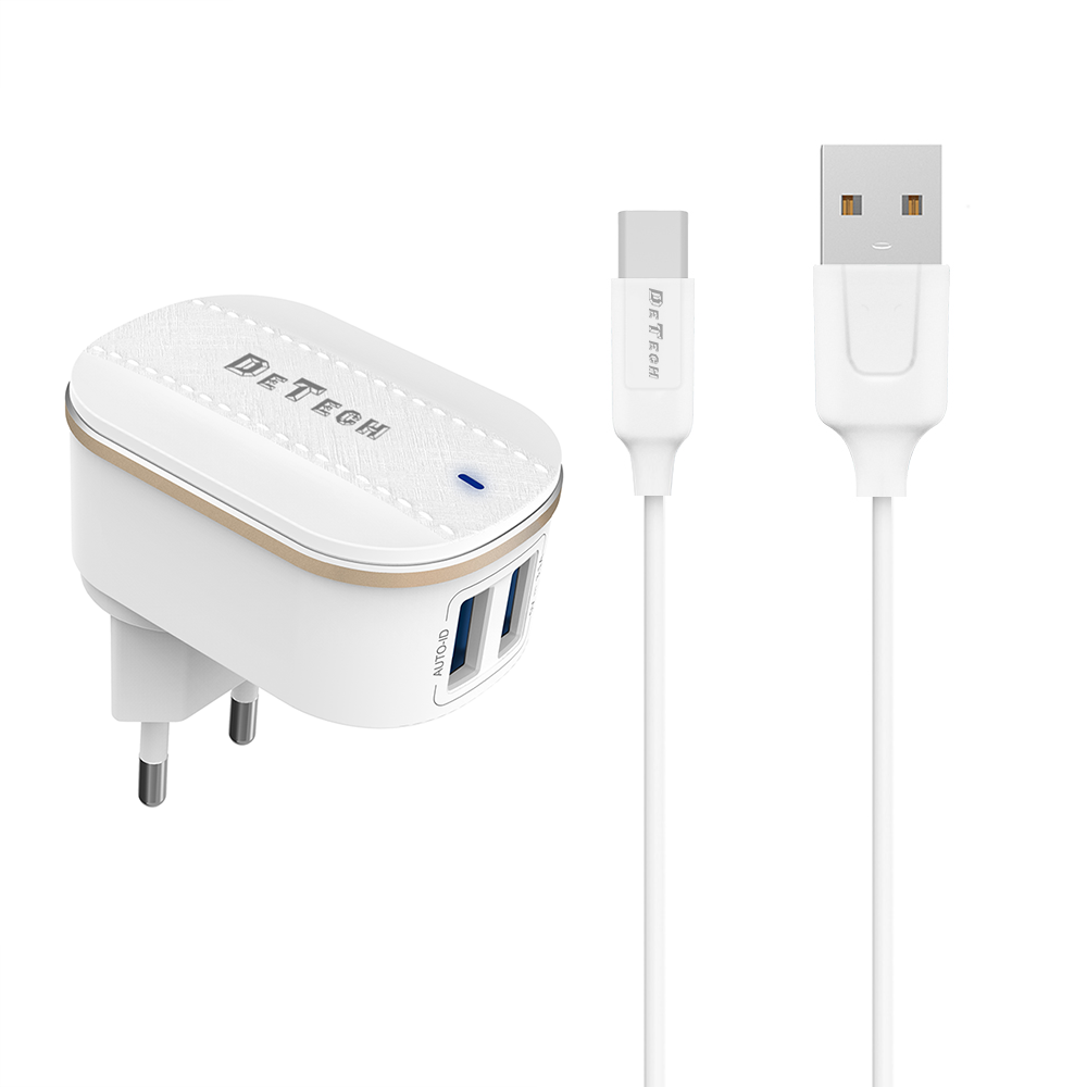 Мрежово зарядно устройство DeTech DE-15C, 5V/3.1A, 220V, 2 x USB, С Type-C кабел, 1.0m, Бял - 40098