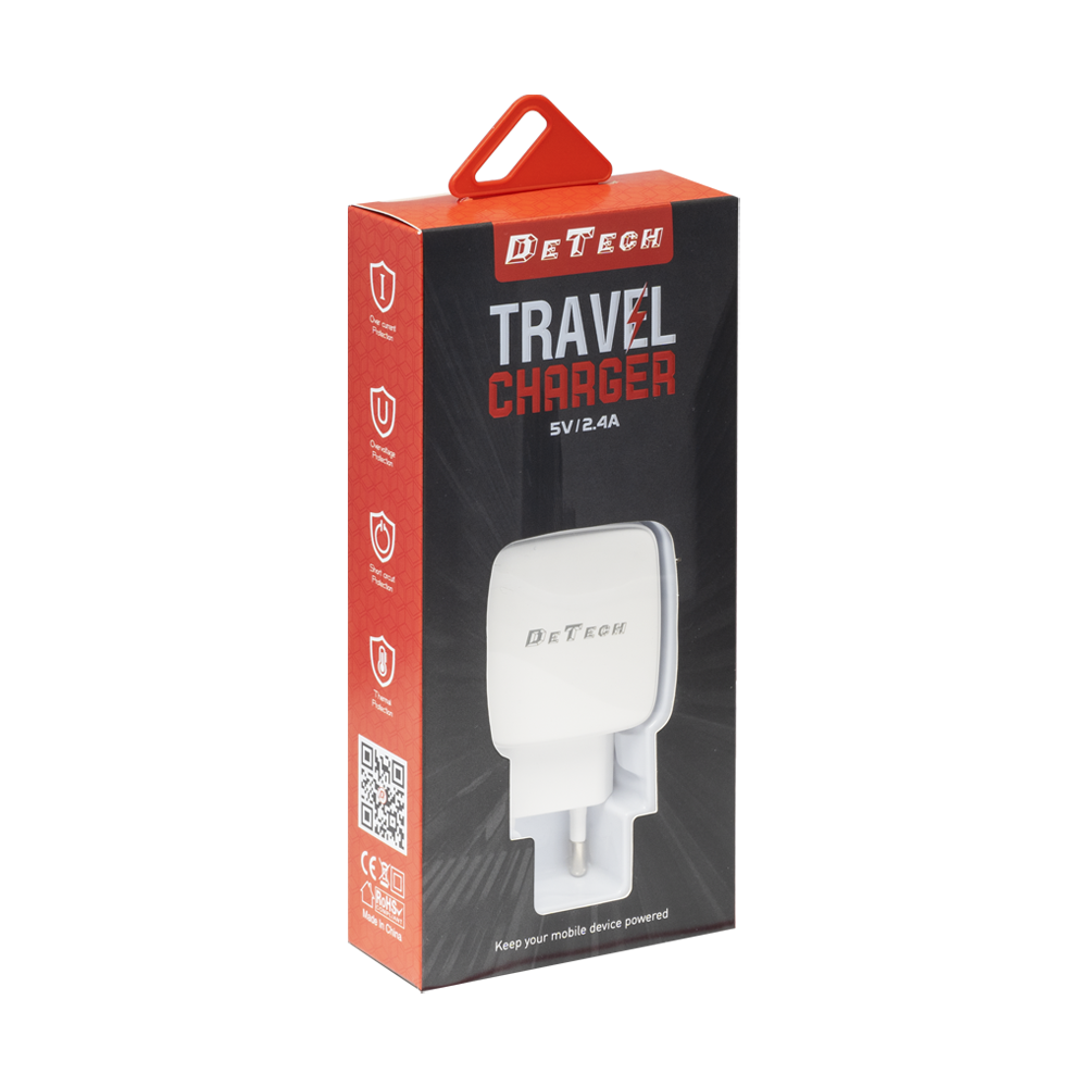 Мрежово зарядно устройство DeTech DE-33M, 5V/2.4A, 220V,2 x USB, С Micro USB кабел, 1.0m, Бял - 40100