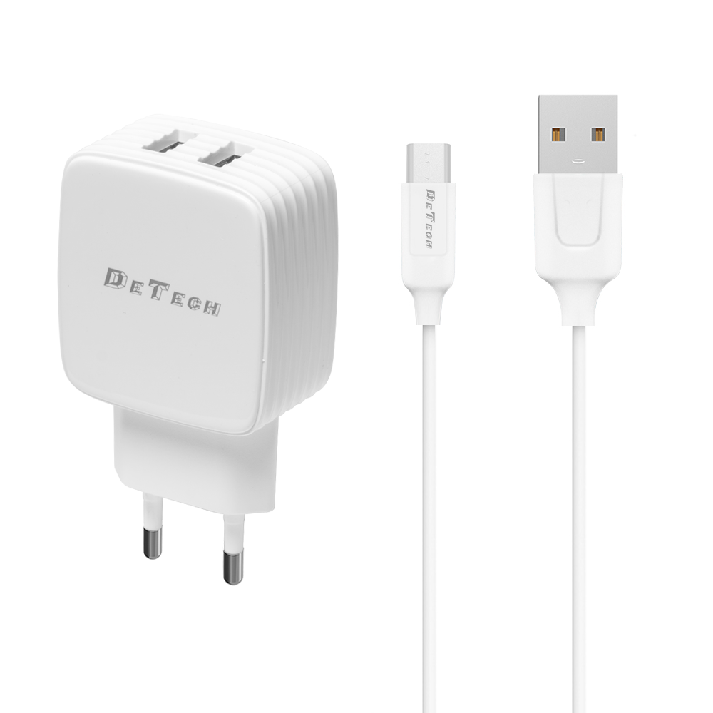 Мрежово зарядно устройство DeTech DE-33M, 5V/2.4A, 220V,2 x USB, С Micro USB кабел, 1.0m, Бял - 40100