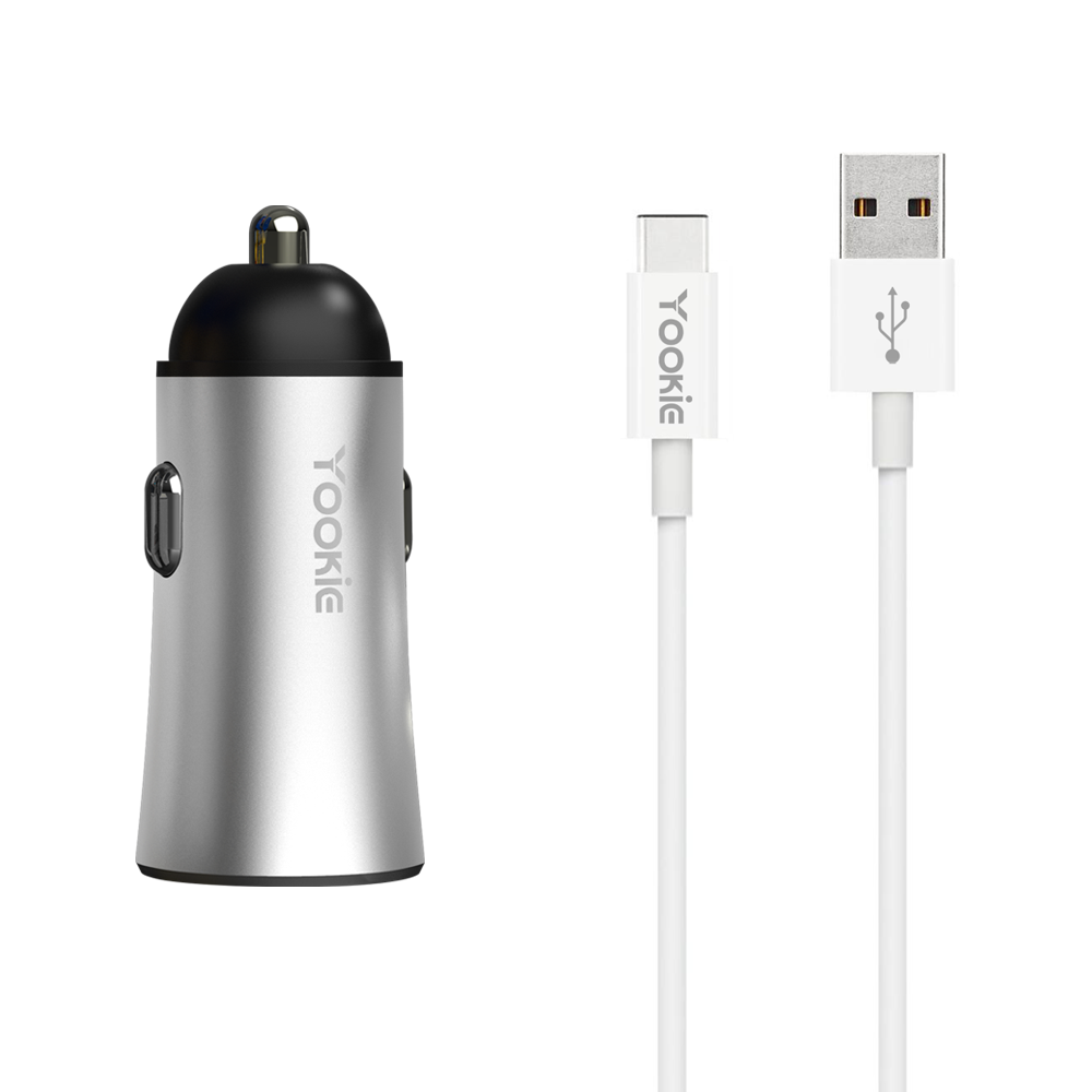 Зарядно устройство за кола Yookie PC1, 5V/2.4A, 12/24V, С Type-C кабел, 2 x USB, Различни цветове - 40136