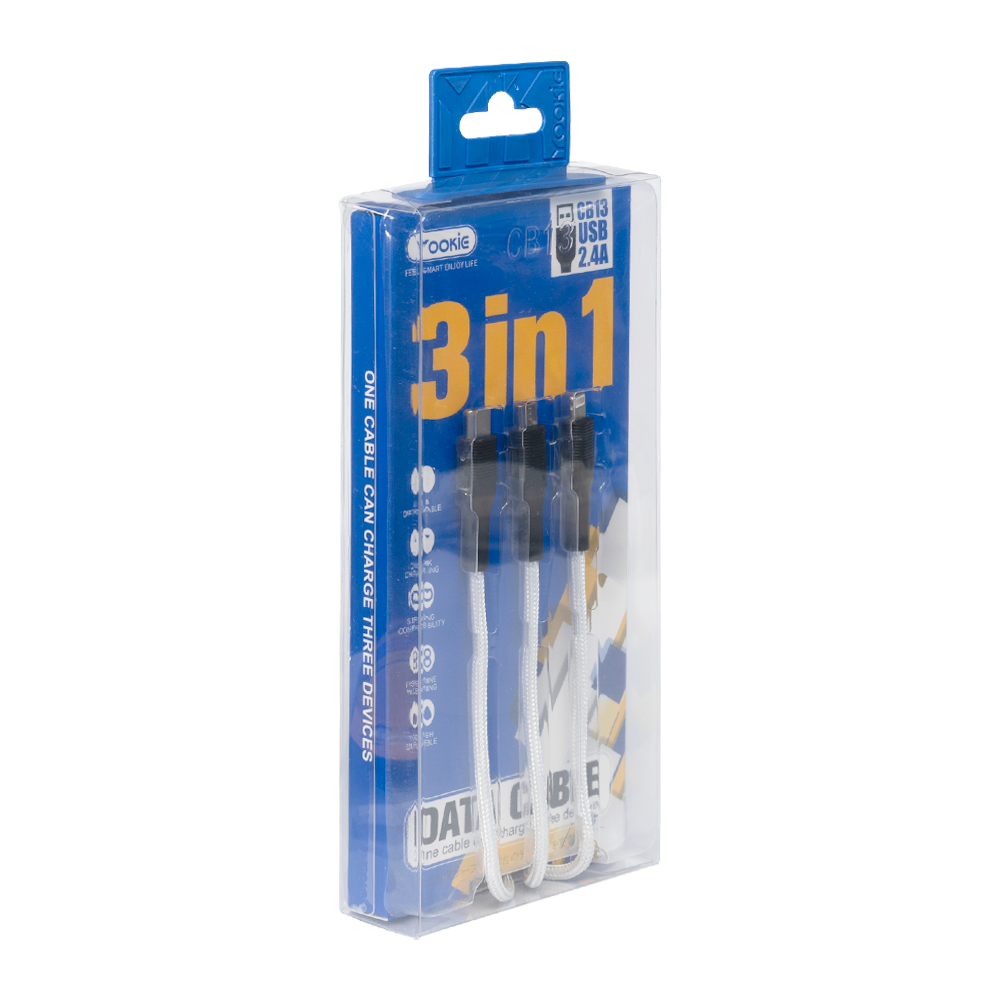 Кабел за зареждане Yookie CB13, 3 в 1, Micro USB, Lightning, Type-C, 1.0m, Черен - 40153