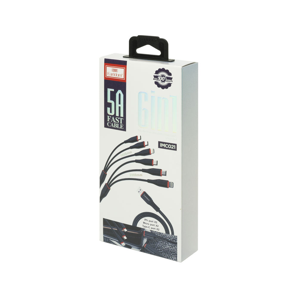 Кабел за зареждане Earldom EC-IMC021, 2xType-C, 2xMicro USB, 2xLightning, 2.0m, Черен - 40184
