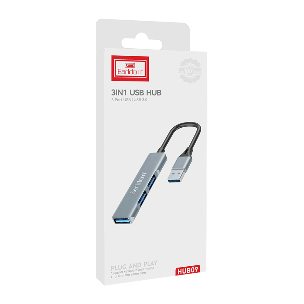 USB хъб Earldom ET-HUB09, USB 3.0, 3 Порта, Сив - 40218