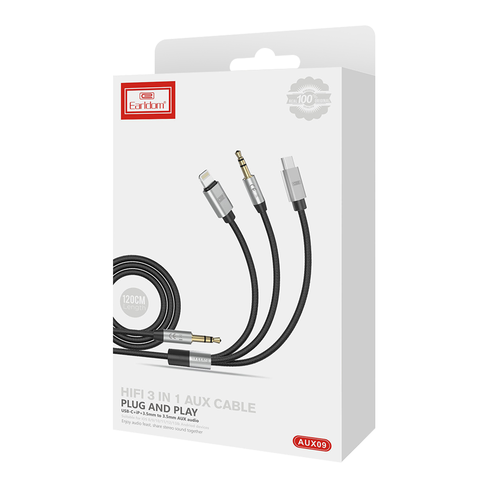 Аудио кабел Earldom ET-AUX09, 3.5mm към Lightning, Type-C, 3.5mm, 3в1, 1.2м, Черен - 40219