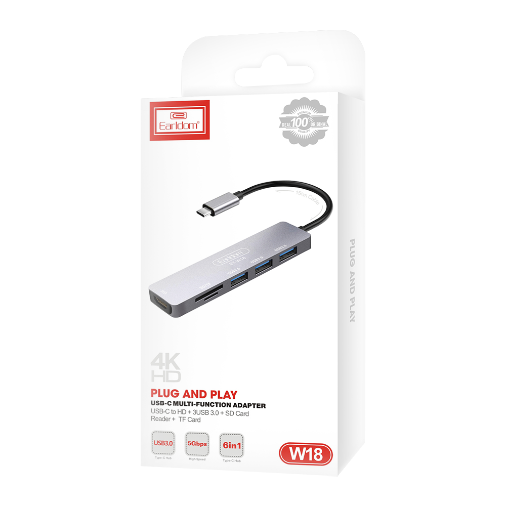 Докинг станция Earldom ET-W18, Type-C към 3xUSB 3.0, SD, MicroSD, HDMI, Сив - 40232