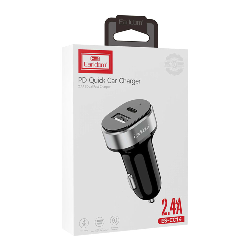 Зарядно устройство за кола Earldom ES-CC14, 1xUSB, 1xType-C, С PD Type-C кабел, Черен - 40244