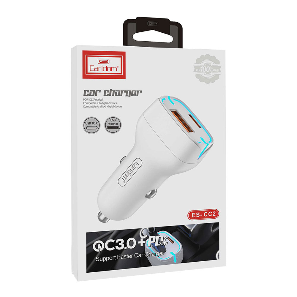 Зарядно устройство за кола Earldom ES-CC2, 1xUSB QC3.0, 1xType-C PD, С Micro USB кабел, Различни цветове - 40247