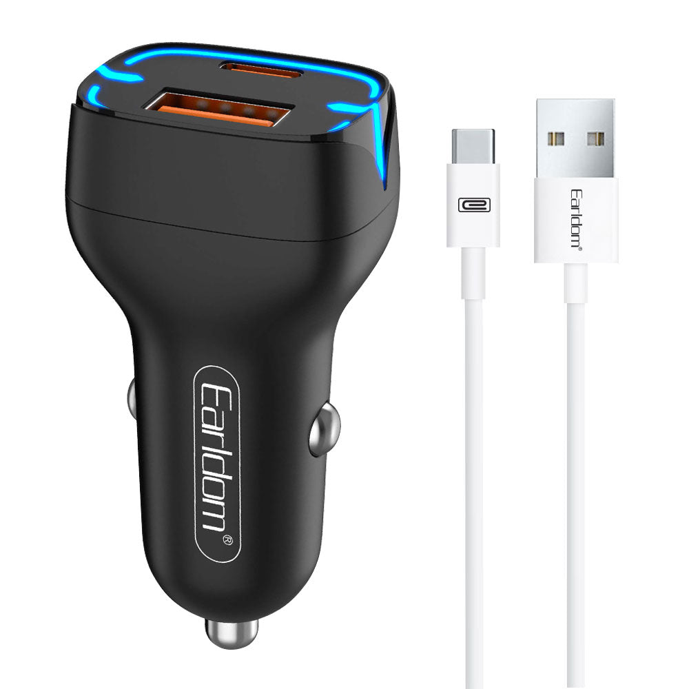 Зарядно устройство за кола Earldom ES-CC2, 1xUSB QC3.0, 1xType-C PD, С Type-C кабел, Бял - 40249