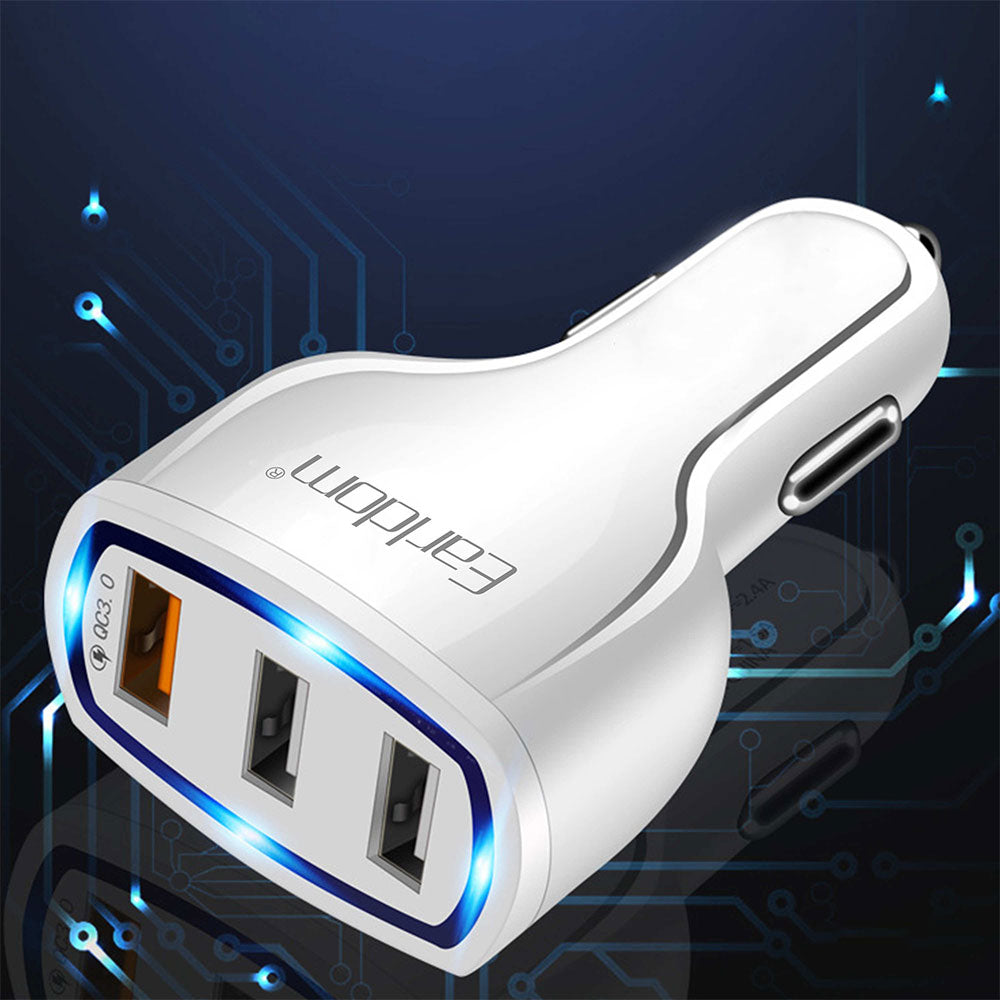 Зарядно устройство за кола Earldom ES-CC13, 3xUSB, QC3.0, С Micro USB кабел, Бял - 40252