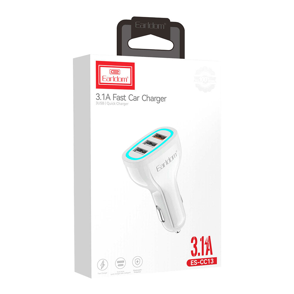 Зарядно устройство за кола Earldom ES-CC13, 3xUSB, QC3.0, С Lightning кабел, Бял - 40253
