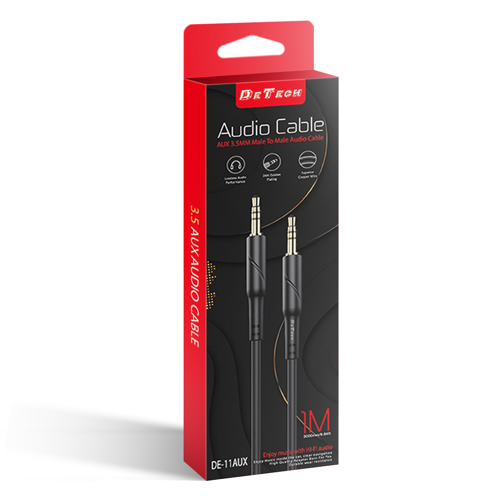 Аудио кабел DeTech DE-11AUX, 3.5mm жак, М/М, 1.0м, Черен - 40277