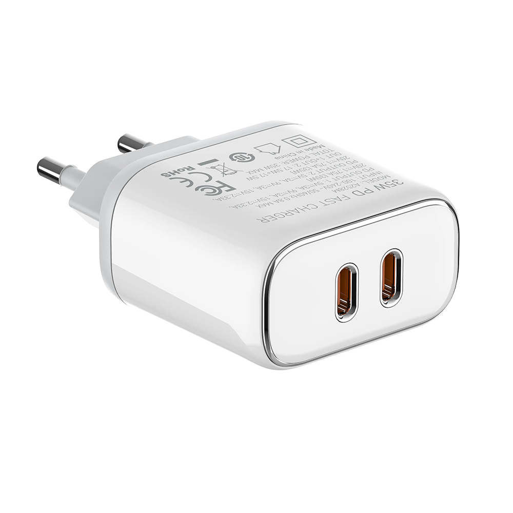 Мрежово зарядно устройство LDNIO A2528M, MFi, 35W, 2 x Type-C F, PD, С Кабел Type-C към Lightning, Бял - 40280