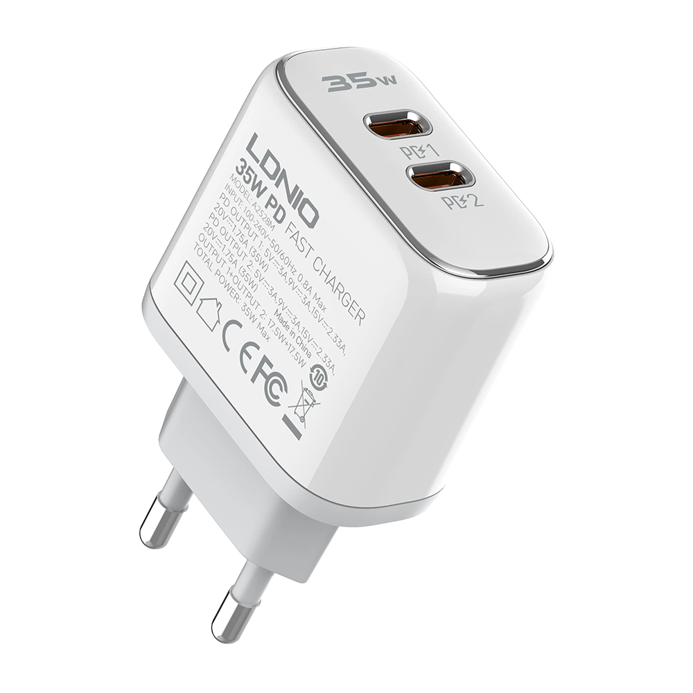 Мрежово зарядно устройство LDNIO A2528C, 35W, 2 x Type-C F, PD, С PD Type-C кабел, Бял - 40282