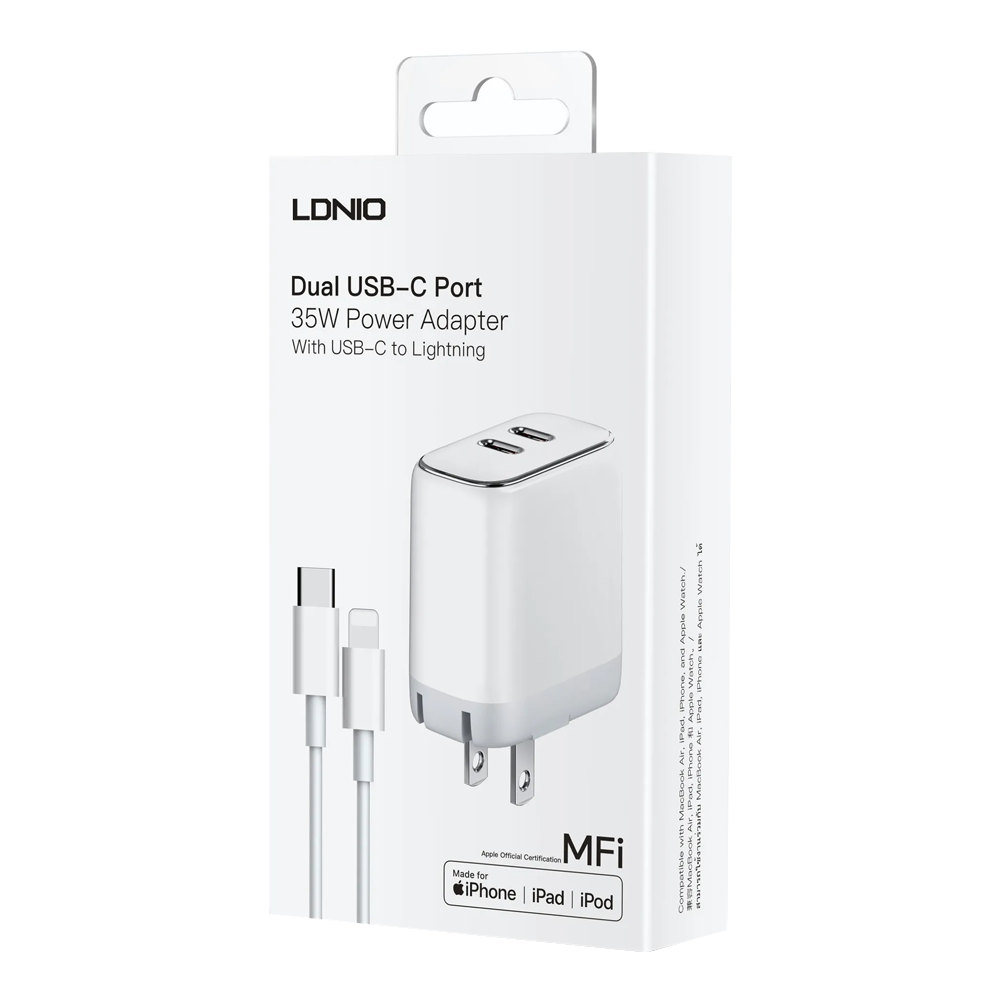 Мрежово зарядно устройство LDNIO A2528M, MFi, 35W, 2 x Type-C F, PD, С Кабел Type-C към Lightning, Бял - 40280