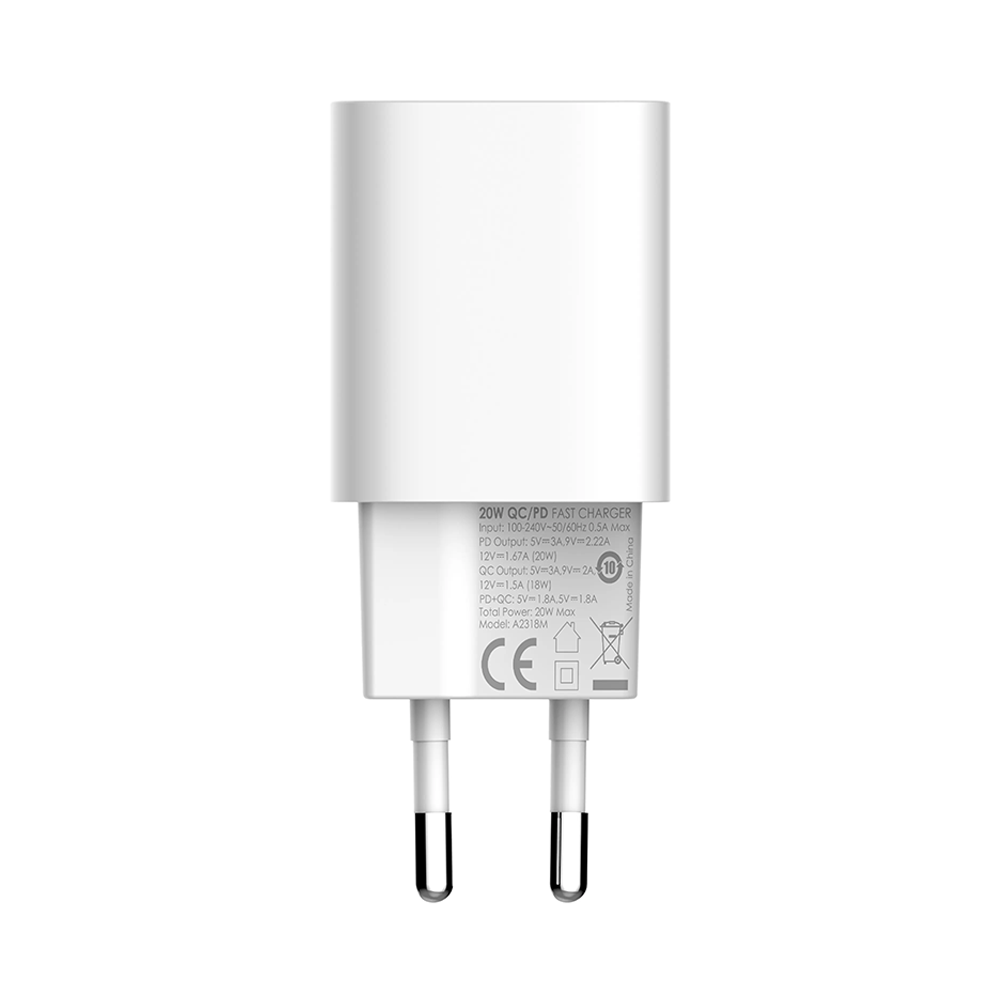 Мрежово зарядно устройство LDNIO A2318M, MFi, 20W, 1 x Type-C F, 1 x USB F, PD, QC, С Кабел Type-C към Lightning, Бял - 40281