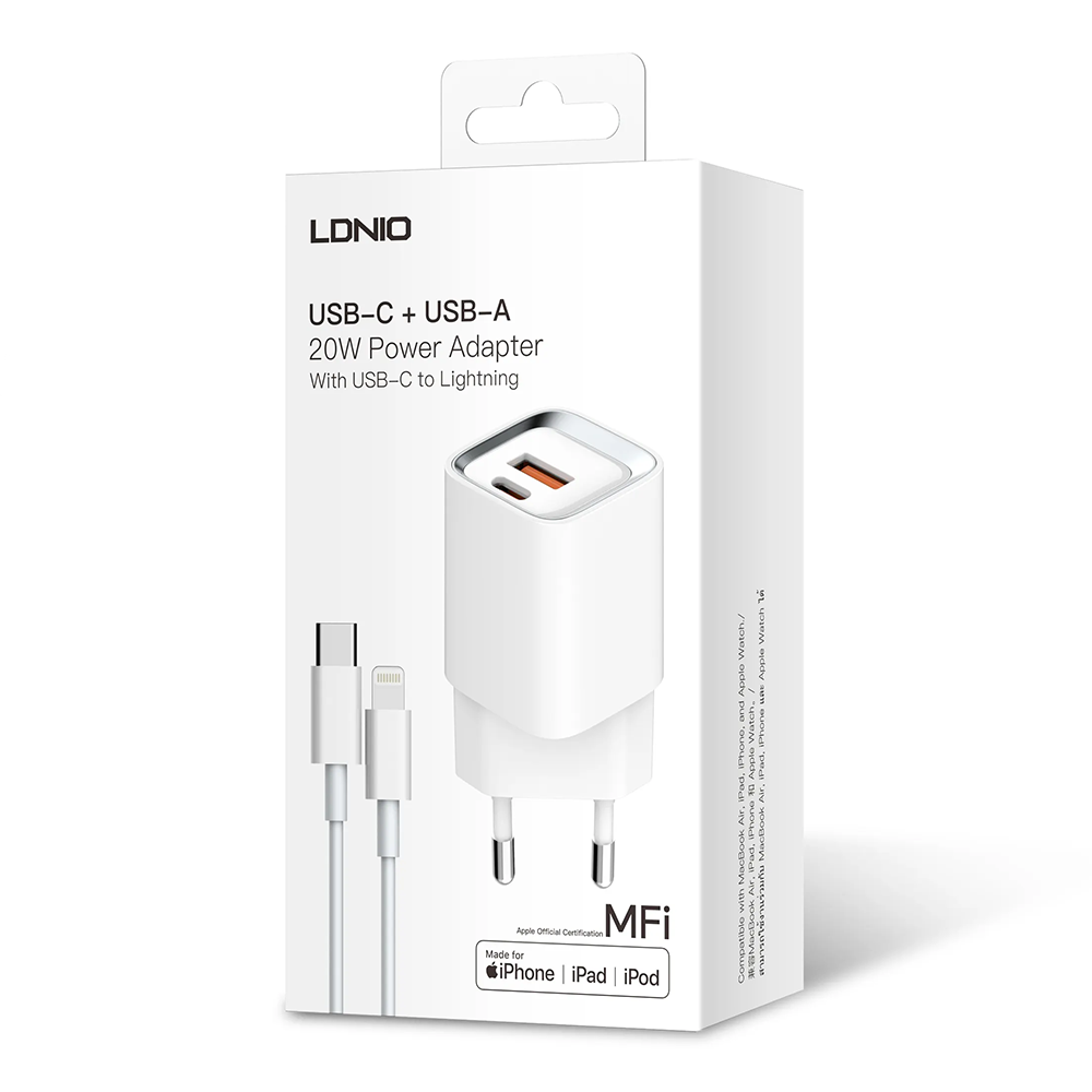 Мрежово зарядно устройство LDNIO A2318M, MFi, 20W, 1 x Type-C F, 1 x USB F, PD, QC, С Кабел Type-C към Lightning, Бял - 40281