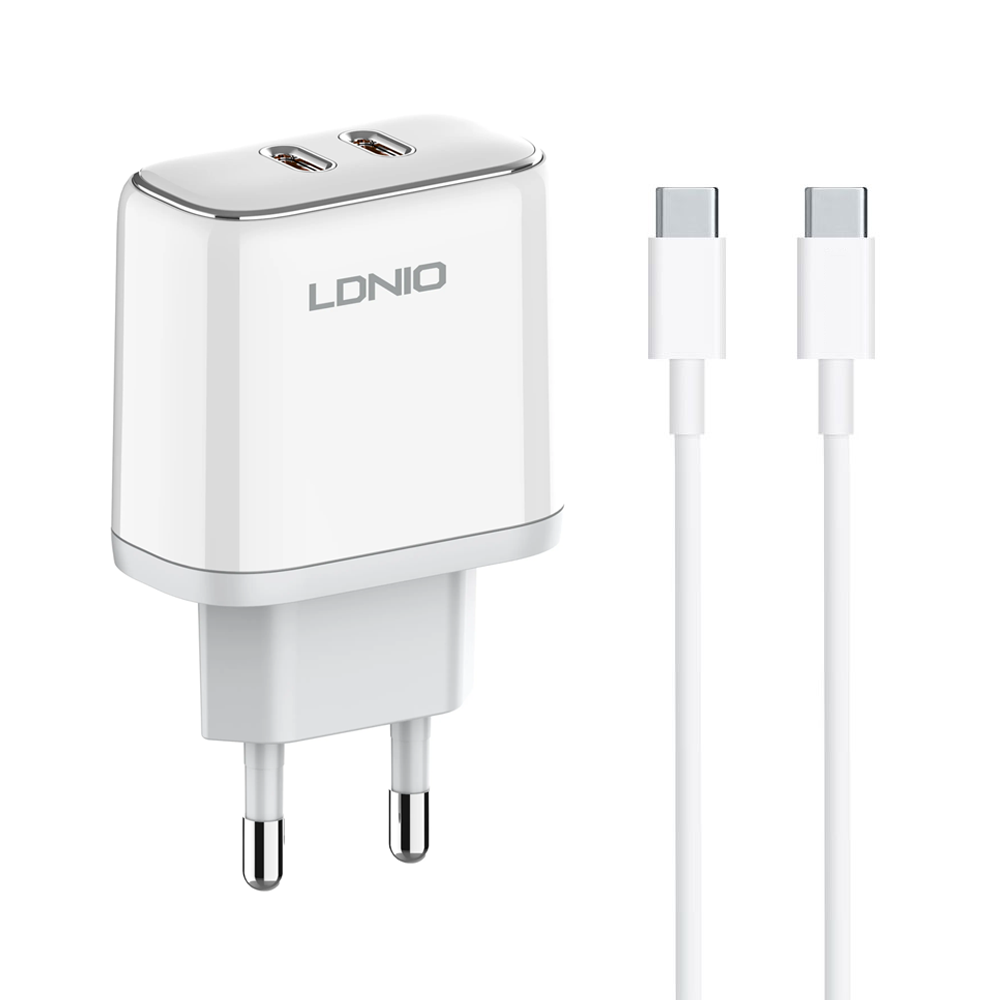 Мрежово зарядно устройство LDNIO A2528C, 35W, 2 x Type-C F, PD, С PD Type-C кабел, Бял - 40282