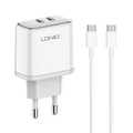 Мрежово зарядно устройство LDNIO A2528C, 35W, 2 x Type-C F, PD, С PD Type-C кабел, Бял - 40282