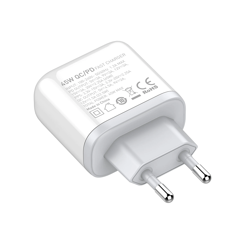 Мрежово зарядно устройство LDNIO A2526C, 45W, 1 x Type-C F, 1 x USB F, PD, QC, PPS, С Кабел Type-C към Lightning , Бял - 40288