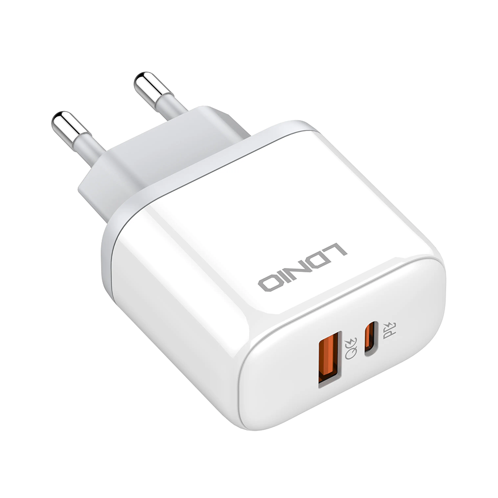 Мрежово зарядно устройство LDNIO A2526C, 45W, 1 x Type-C F, 1 x USB F, PD, QC, PPS, С Кабел Type-C към Lightning , Бял - 40288