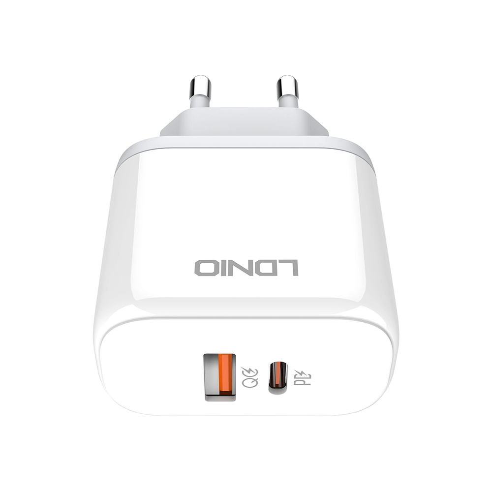 Мрежово зарядно устройство LDNIO A2526C, 45W, 1 x Type-C F, 1 x USB F, PD, QC, PPS, С Кабел Type-C към Lightning , Бял - 40288