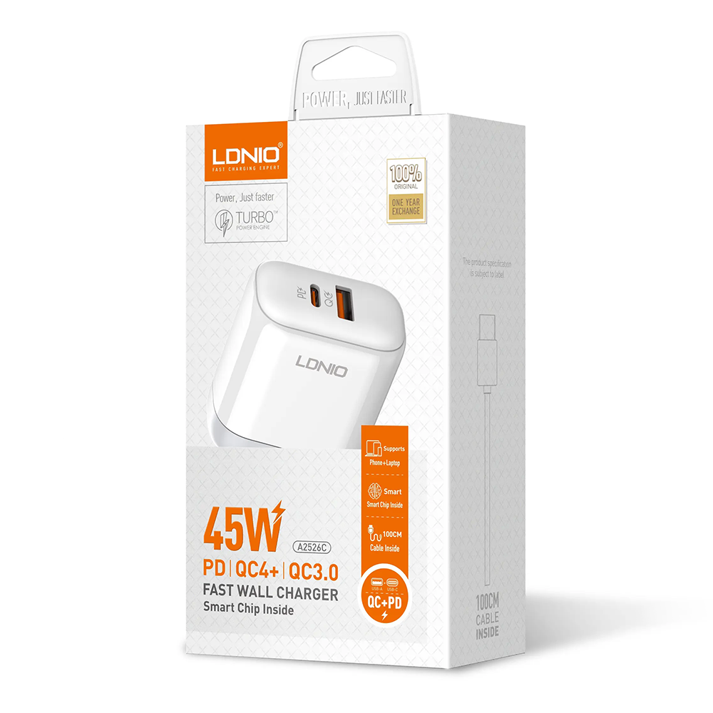 Мрежово зарядно устройство LDNIO A2526C, 45W, 1 x Type-C F, 1 x USB F, PD, QC, PPS, С Lightning кабел , Бял - 40285
