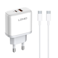 Мрежово зарядно устройство LDNIO A2526C, 45W, 1 x Type-C F, 1 x USB F, PD, QC, PPS, С PD Type-C кабел, Бял - 40287