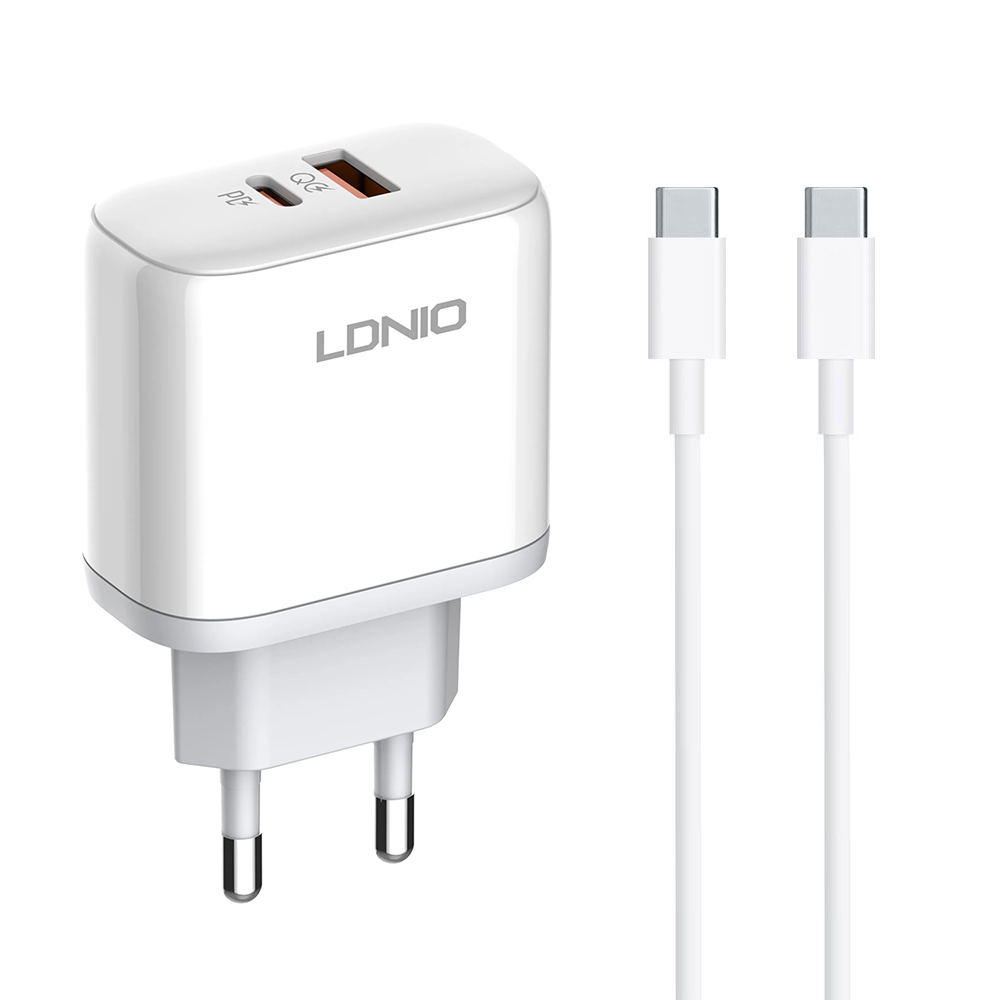 Мрежово зарядно устройство LDNIO A2526C, 45W, 1 x Type-C F, 1 x USB F, PD, QC, PPS, С PD Type-C кабел, Бял - 40287