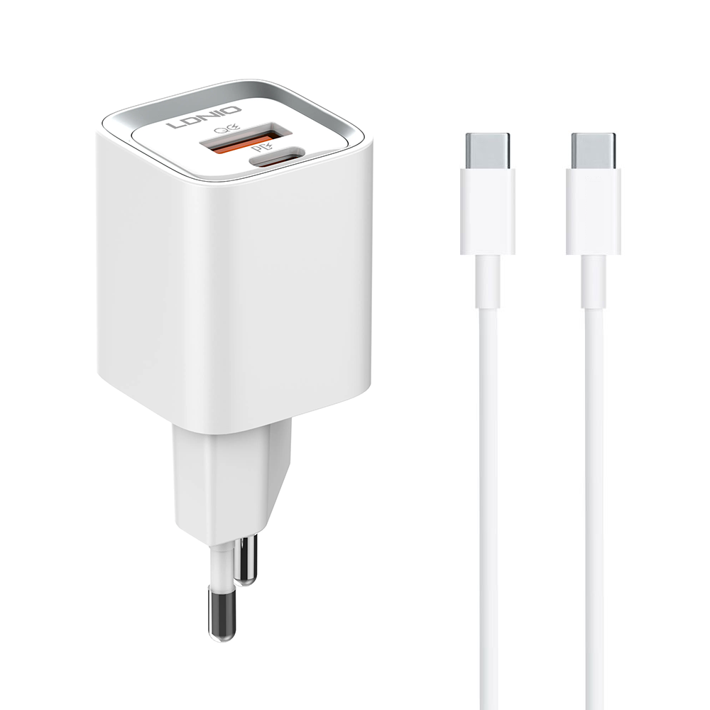 Мрежово зарядно устройство LDNIO A2318C, 20W, 1 x Type-C F, 1 x USB F, PD, QC, С PD Type-C кабел, Бял - 40292