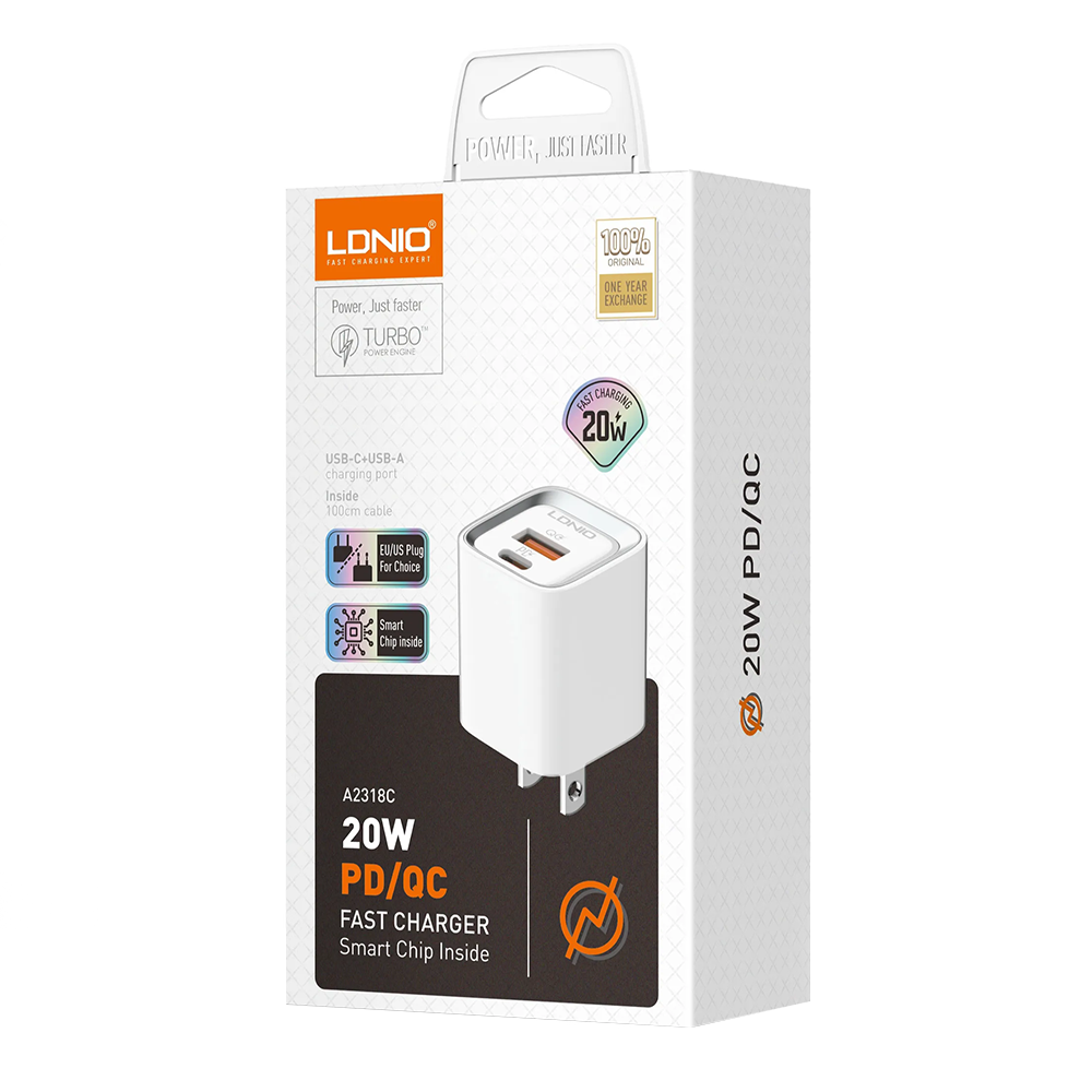 Мрежово зарядно устройство LDNIO A2318C, 20W, 1 x Type-C F, 1 x USB F, PD, QC, С Кабел Type-C към Lightning, Бял - 40293