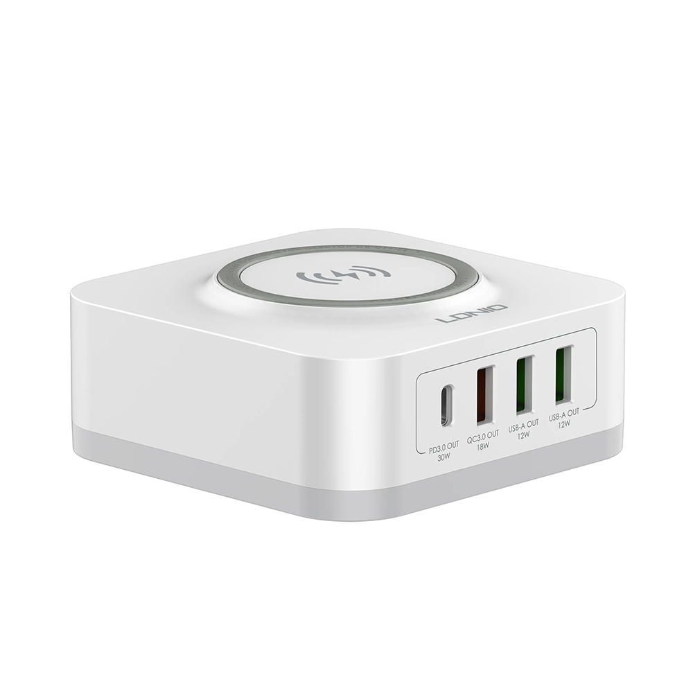 Безжично зарядно устройство LDNIO, 32W, Qi, 1 x Type-C F, 3 x USB F, PD, QC, PPS, Бял - 40294