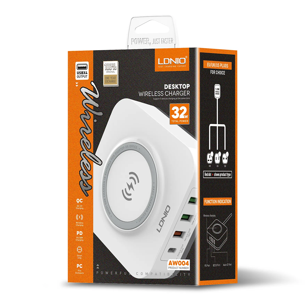 Безжично зарядно устройство LDNIO, 32W, Qi, 1 x Type-C F, 3 x USB F, PD, QC, PPS, Бял - 40294