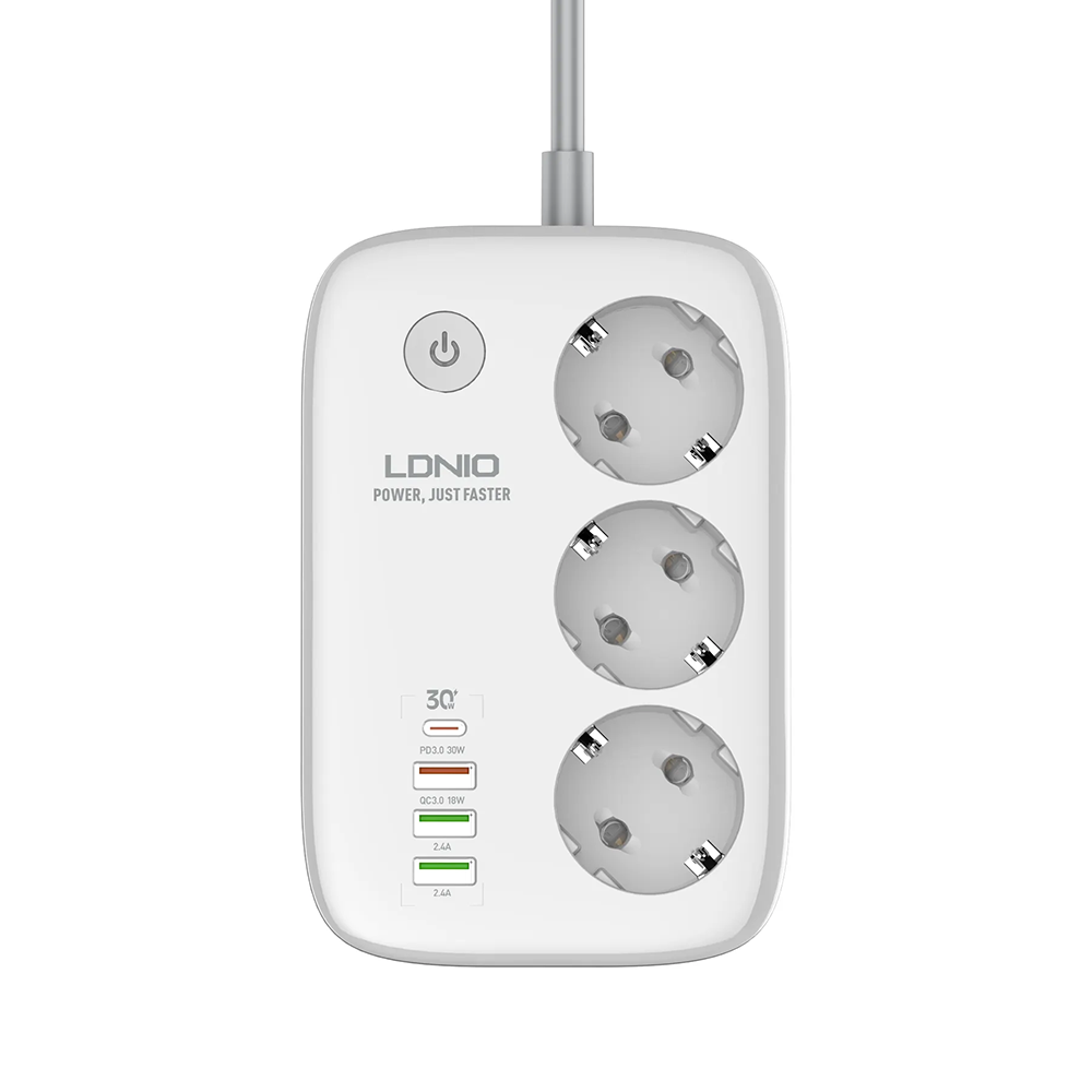 Смарт разклонител LDNIO SEW3452, 3 гнезда, CEE 7/3, 2500W, 1 x Type-C F, 3 x USB F, PD, QC, 2.0m, Бял - 40295